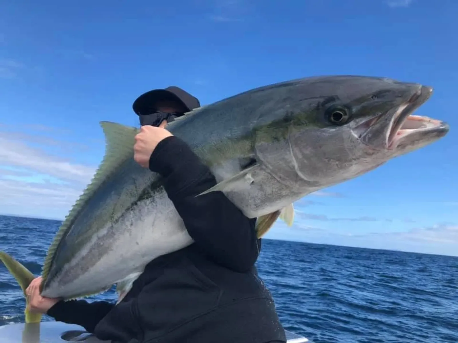 An angler holding a large kingfish