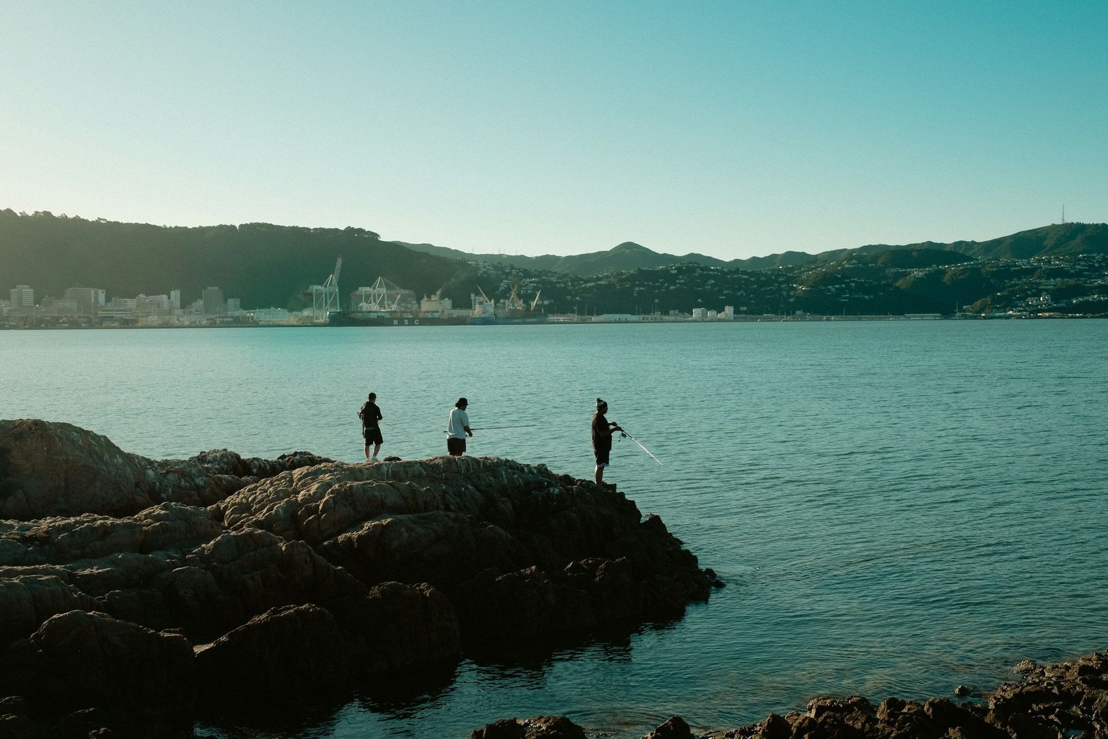 Three anglers casting from harbour rocks in Wellington