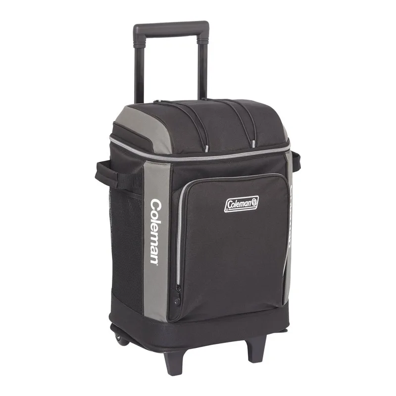 Black and grey Coleman soft cooler bag on wheels with telescopic handle