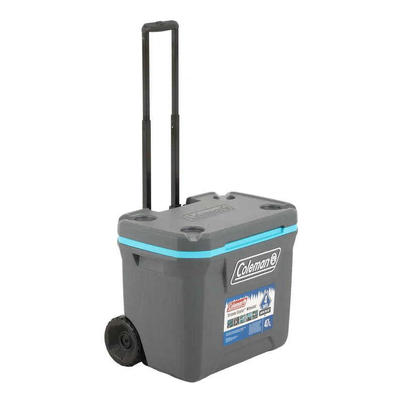 Grey and teal Coleman Xtreme 47 litre wheeled chilly bin with extended pull handle