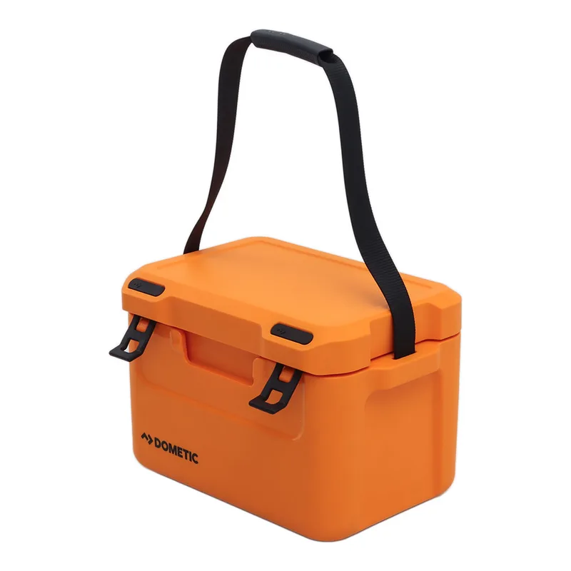 Orange Dometic Cool-Ice 15 litre rotomoulded chilly bin with black shoulder strap
