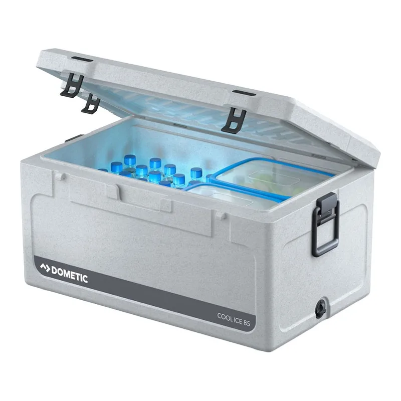 Light grey Dometic Cool-Ice CI 85 long rotomoulded chilly bin with lid open