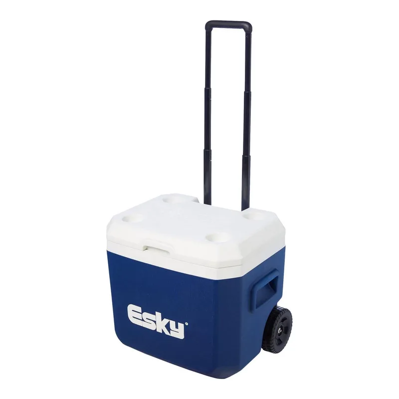 Navy and white Esky 52 litre wheeled chilly bin with telescopic handle