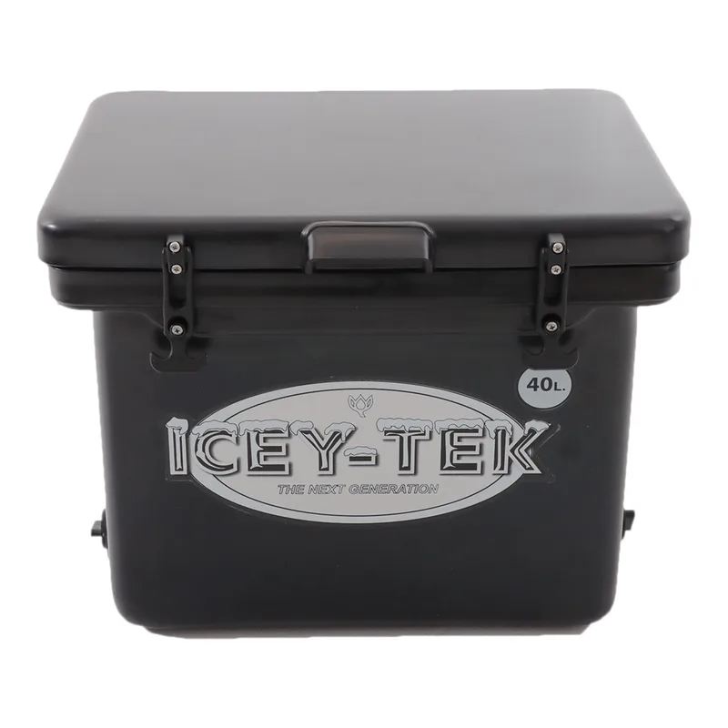 Black Icey-Tek Cube 40 litre chilly bin with two latches and a grey Icey-Tek badge