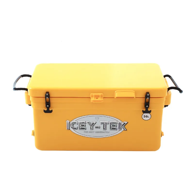 Yellow Icey-Tek Long chilly bin with rope handles and black latches