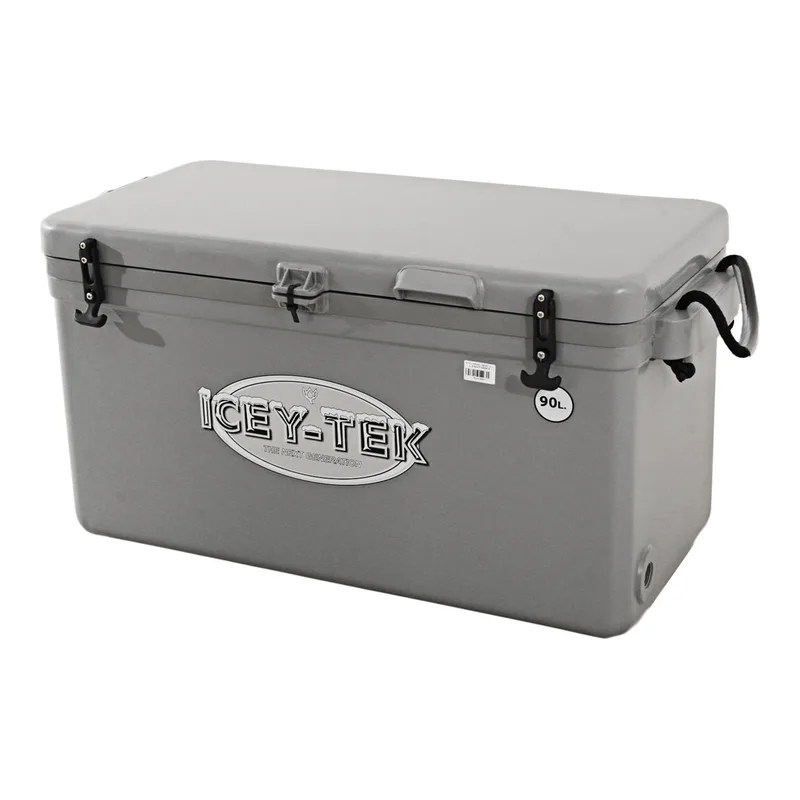 Light grey Icey-Tek Long 90 litre chilly bin with rope handles and front latches