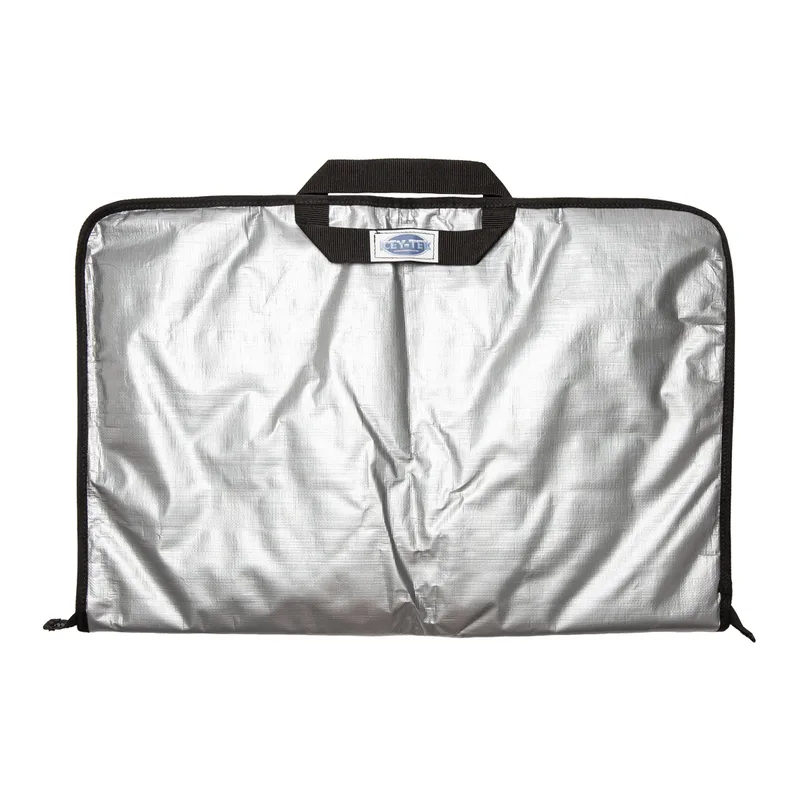 Silver insulated Icey-Tek fish bag with a black zip and carry handle