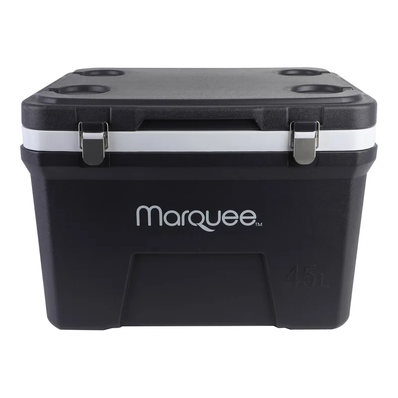 Black Marquee 45 litre hard chilly bin with white trim and lid clasps