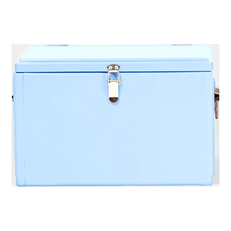 Sky blue Napoleon metal chilly bin with chrome front clip