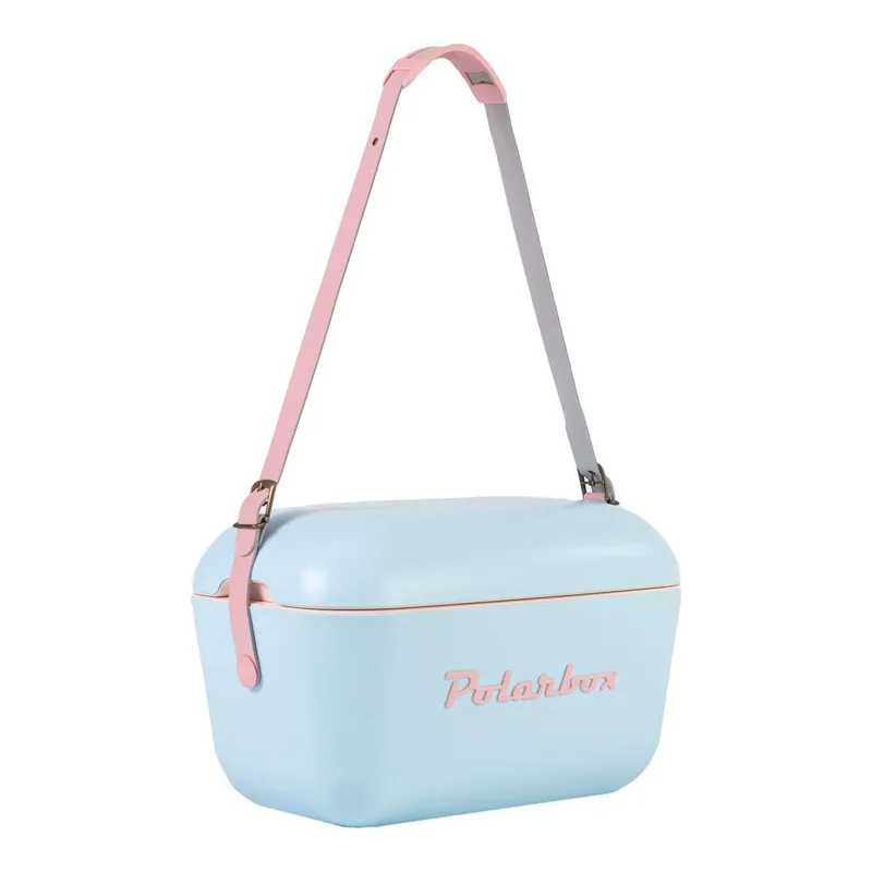 Sky blue Polarbox Pop 12 litre retro chilly bin with pink shoulder strap