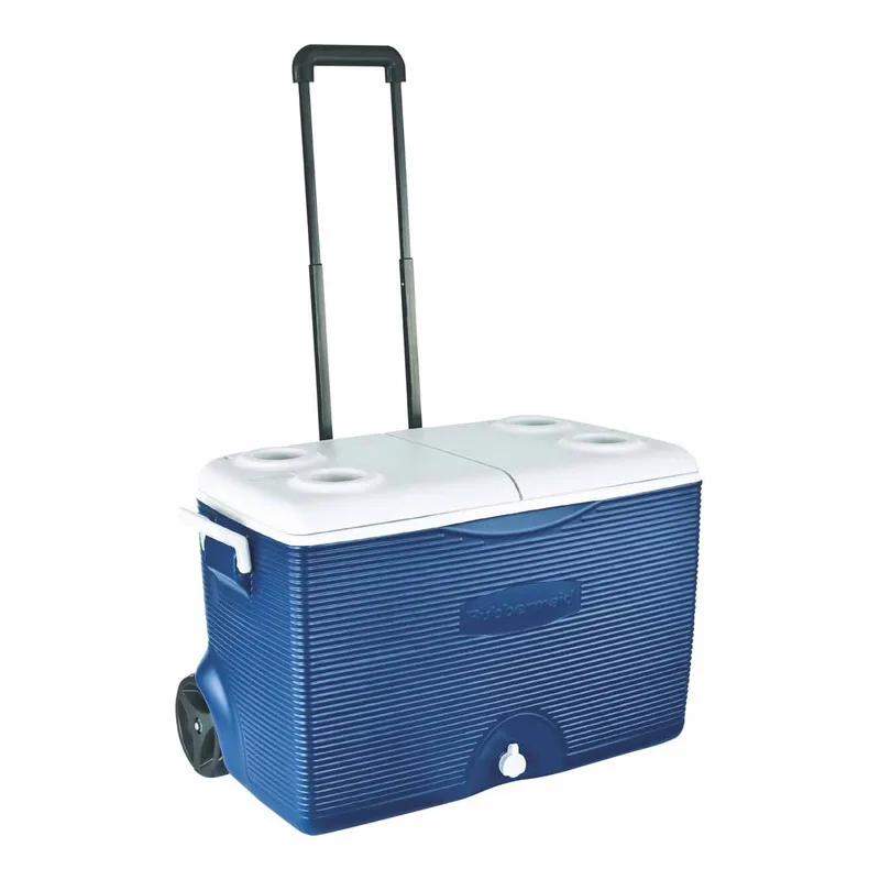 Dark blue Rubbermaid 56.7 litre wheeled chilly bin with white split lid and pull handle