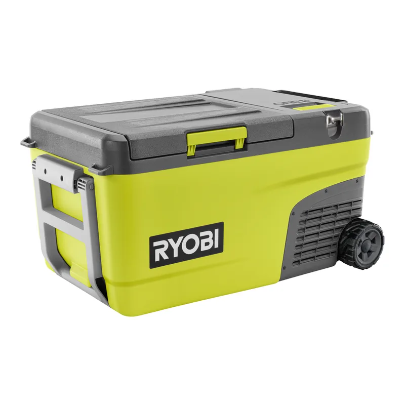 Lime green and grey RYOBI 18V ONE+ 23 litre fridge freezer with wheels