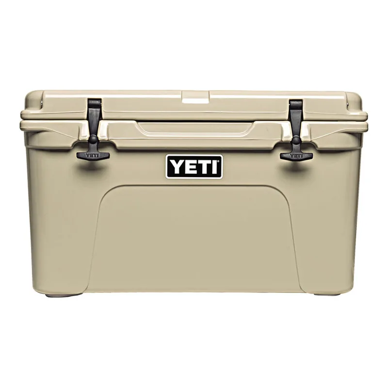Tan YETI Tundra 45 rotomoulded chilly bin with two black rubber latches