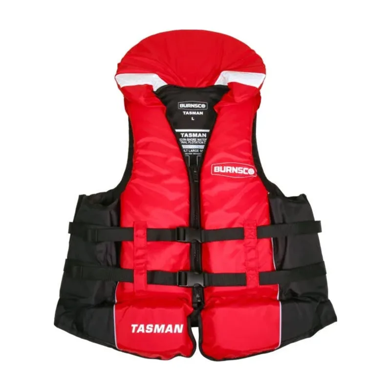 Red and black Burnsco Tasman adult foam lifejacket with collar and three buckle straps