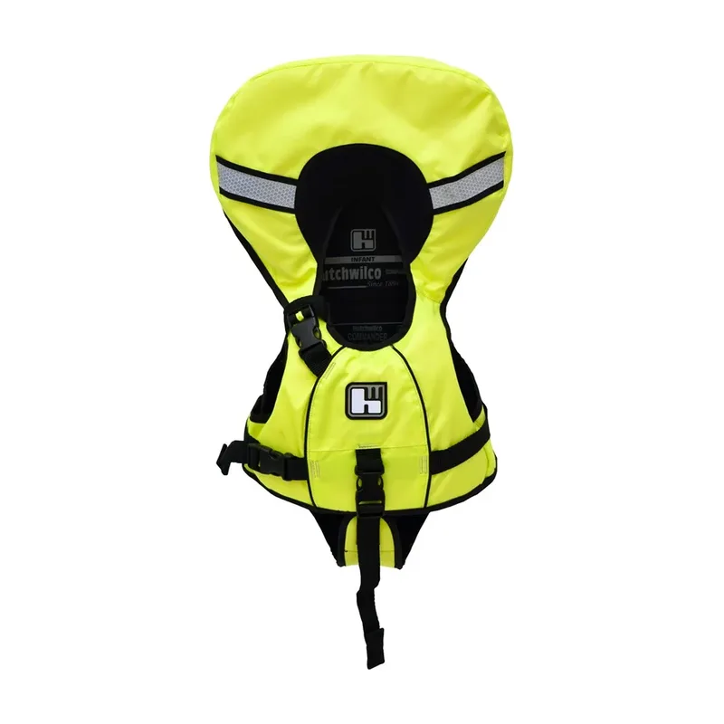 Hi-viz yellow Hutchwilco Commander Classic infant lifejacket with head support collar and crotch strap