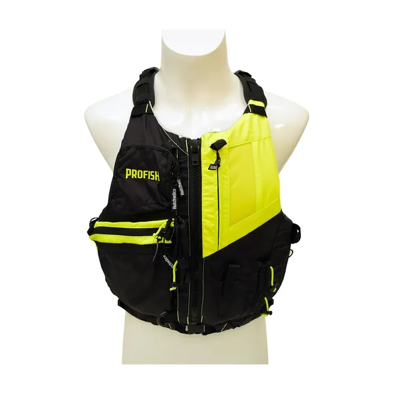 Black and hi-viz yellow Hutchwilco Pro Fish kayak buoyancy vest with fishing pockets, on a mannequin