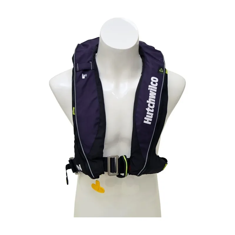 Navy Hutchwilco Super Comfort 170N automatic inflatable lifejacket with deck harness, on a mannequin