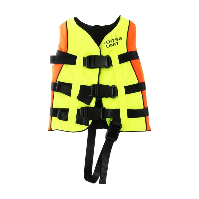 Hi-viz yellow and orange Loose Unit kids buoyancy vest with buckles and crotch strap