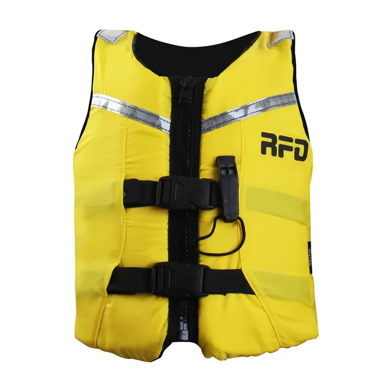 Yellow RFD Mistral kids foam lifejacket with reflective tape, buckles and whistle