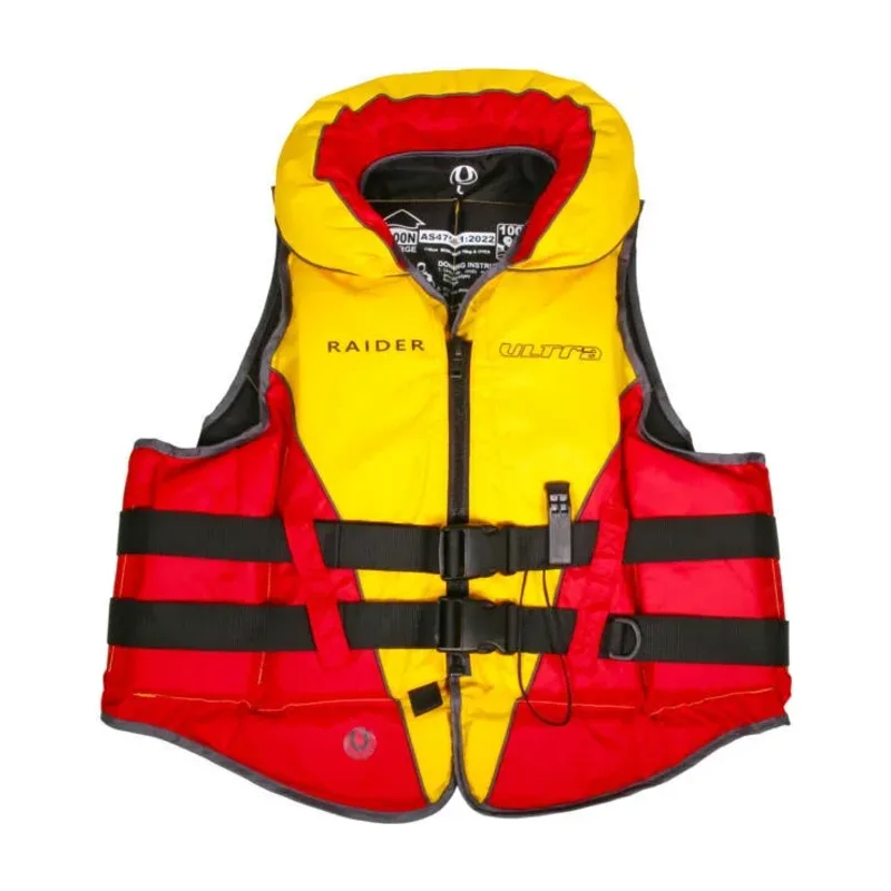 Yellow and red Ultra Raider adult foam lifejacket with collar and front zip