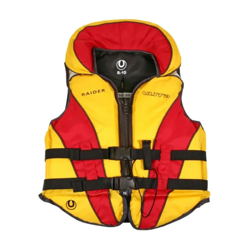 Yellow and red Ultra Raider child foam lifejacket with collar and front zip