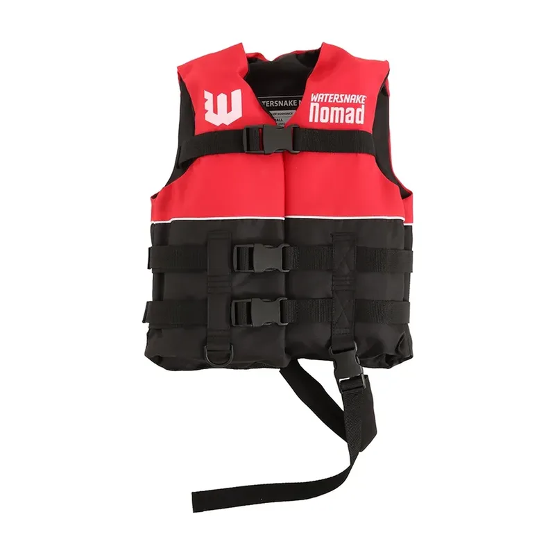 Red and black Watersnake Nomad kids buoyancy vest with buckles and crotch strap