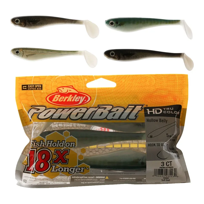 Berkley PowerBait Hollow Belly paddle tails in green and silver above a pack