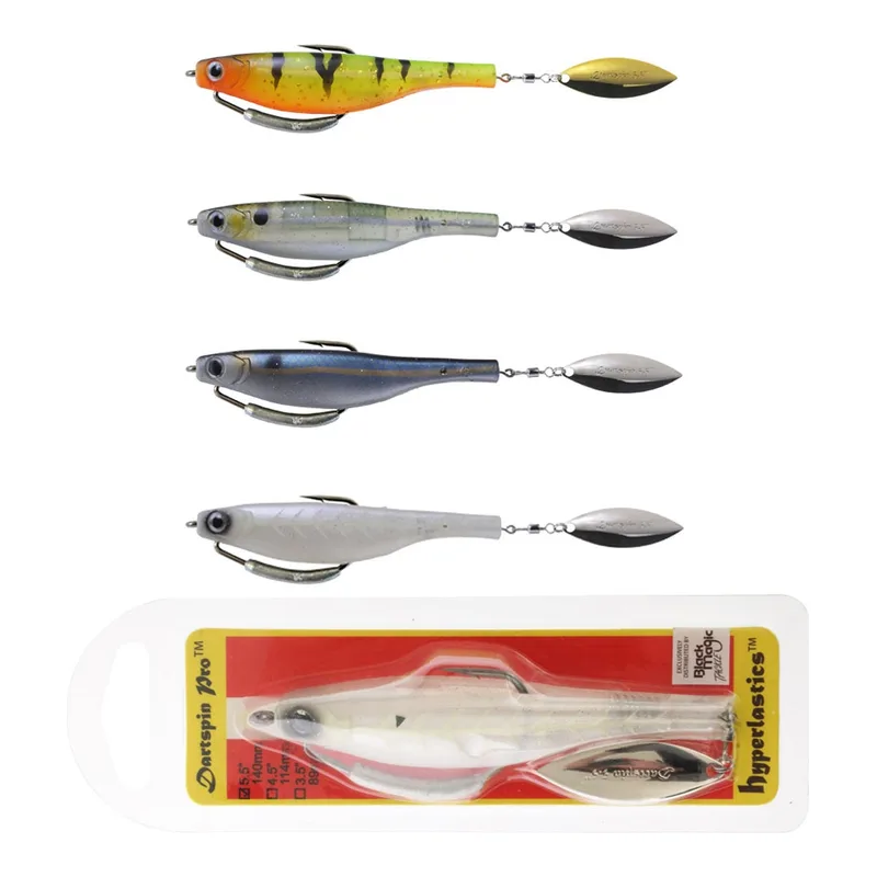 Black Magic Dartspin Pro soft lures with spinning blades on their tails, beside a pack