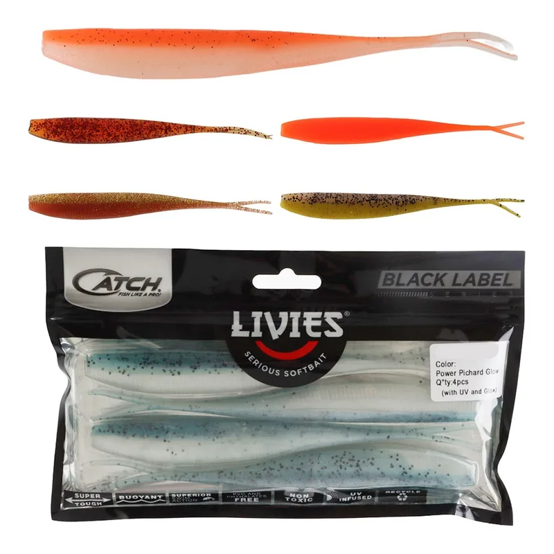 Catch Livies jerkshad soft baits in orange and green above a Black Label pack