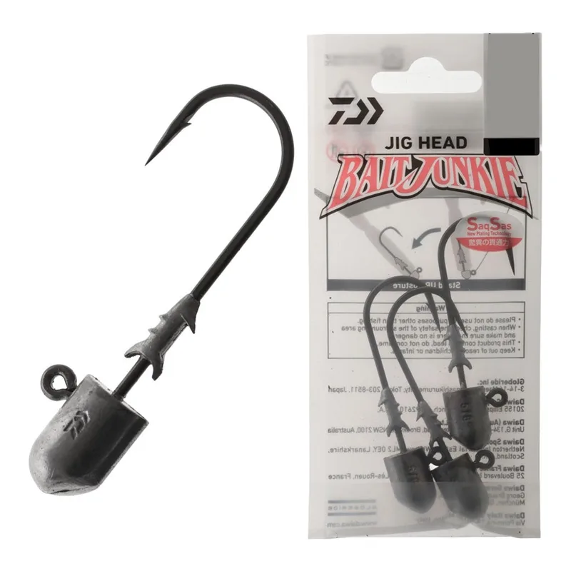 Daiwa BaitJunkie 2X jig heads with black heads beside the pack