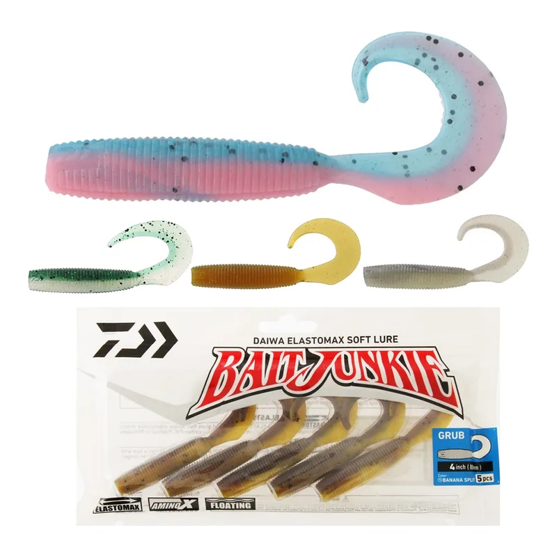 Daiwa BaitJunkie grubs with curly tails in pink, green and gold above a pack