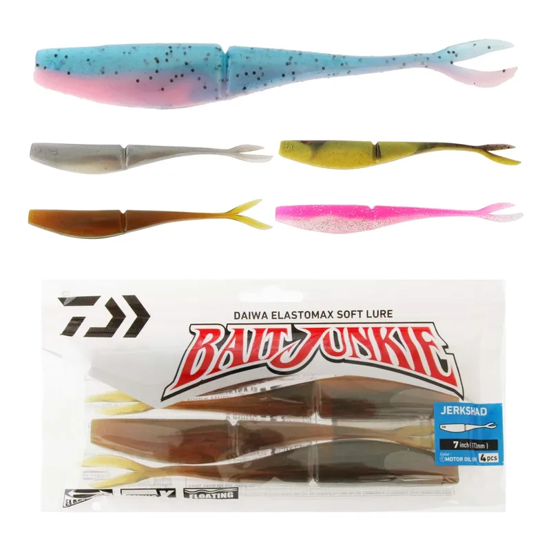 Daiwa BaitJunkie Jerkshad soft baits in green and orange above a pack