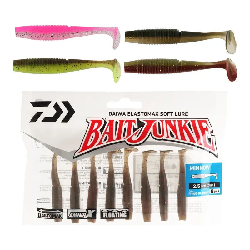 Daiwa BaitJunkie small paddle tails in pink, olive and brown above a pack