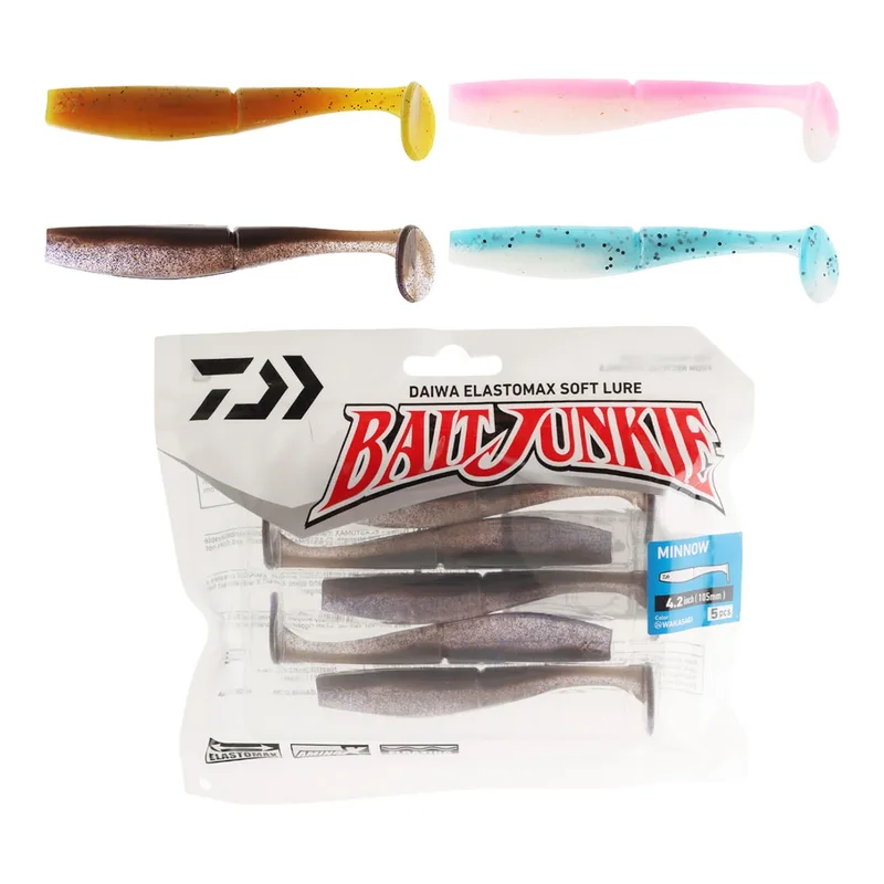 Daiwa BaitJunkie Minnow paddle tails in brown and pink above a pack