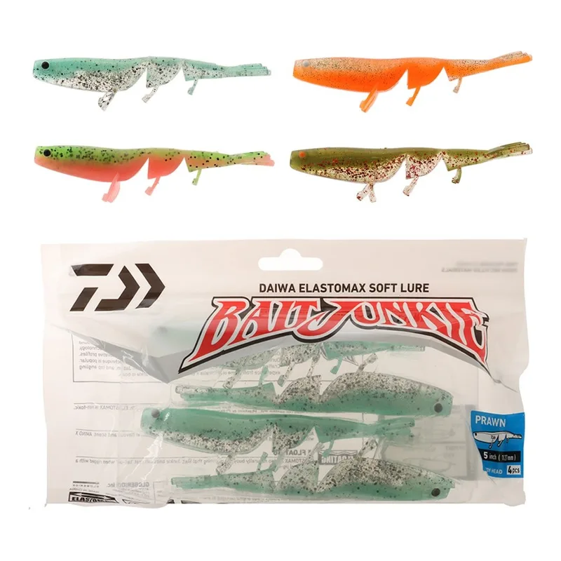 Daiwa BaitJunkie Prawn soft baits in green and brown above a pack