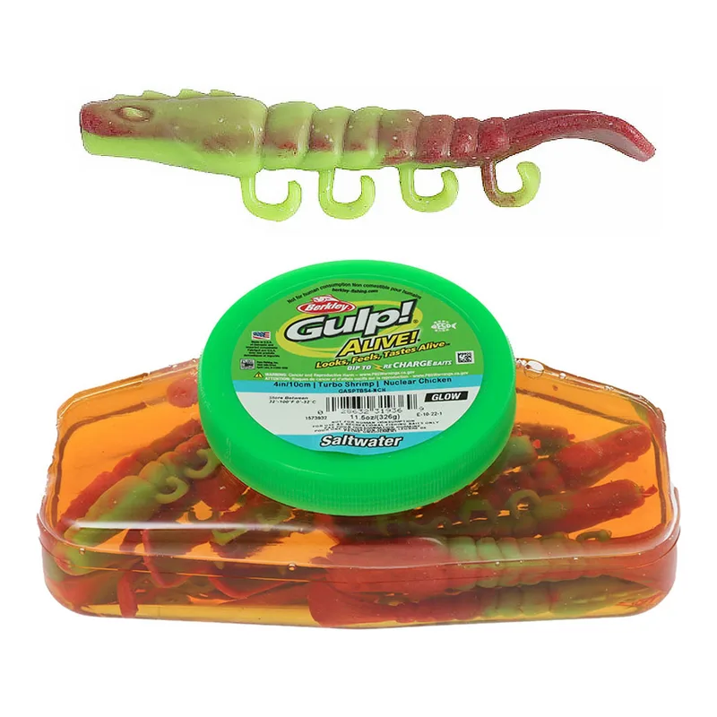 A Berkley Gulp! Alive! tub with a green and pink Turbo Shrimp soft bait on top