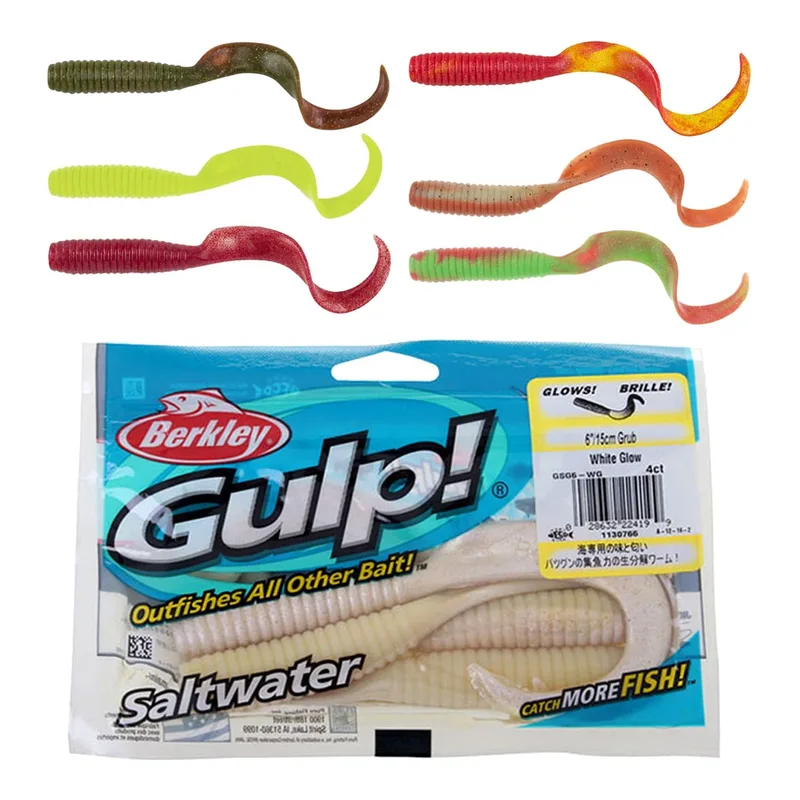 Berkley Gulp! 6-inch grubs with curly tails in green, pink and purple above a pack