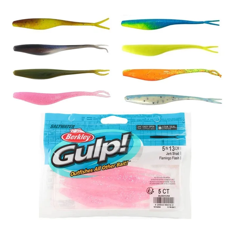 Berkley Gulp! Jerk Shad soft baits in green, blue, yellow and pink above a Saltwater pack