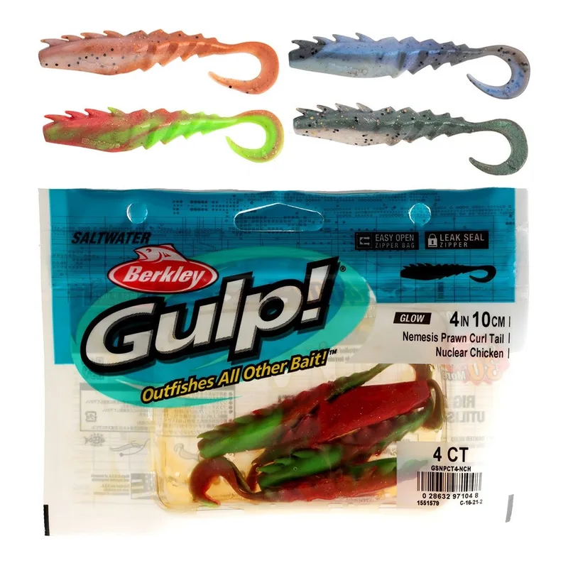 Berkley Gulp! Nemesis Prawn curl tail soft baits above a Saltwater pack