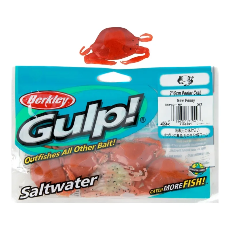 A Berkley Gulp! Peeler Crab soft bait in orange-brown above a Saltwater pack