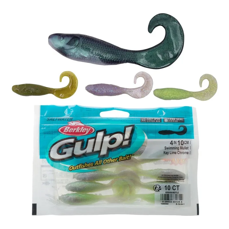 Berkley Gulp! Swimming Mullet curl tail soft baits above a Saltwater pack