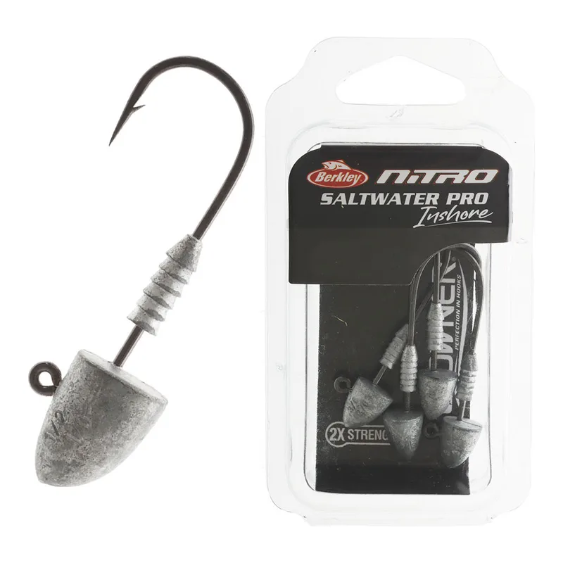 A Berkley Nitro Saltwater Pro Inshore jig head beside its pack