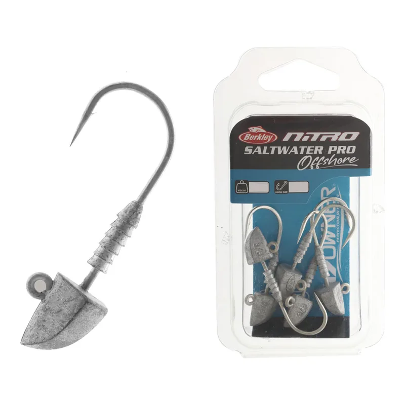 A Berkley Nitro Saltwater Pro Offshore jig head beside its pack