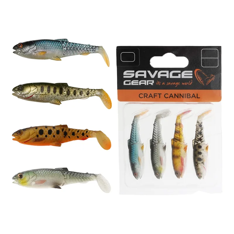 Four Savage Gear Craft Cannibal paddle tails painted like small fish beside a pack