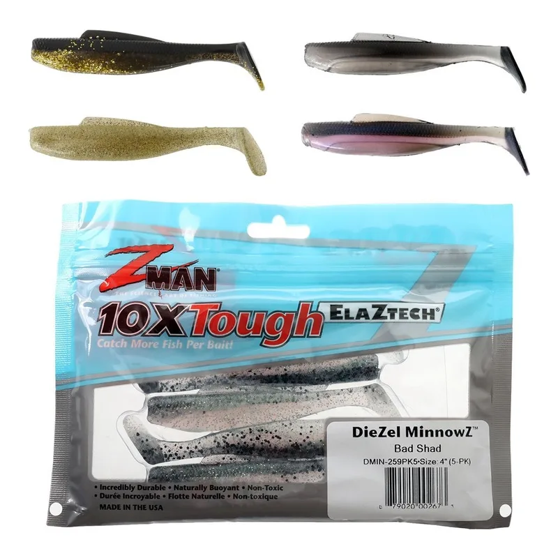 Z-Man DieZel MinnowZ paddle tail soft baits in dark and pale colours above a pack
