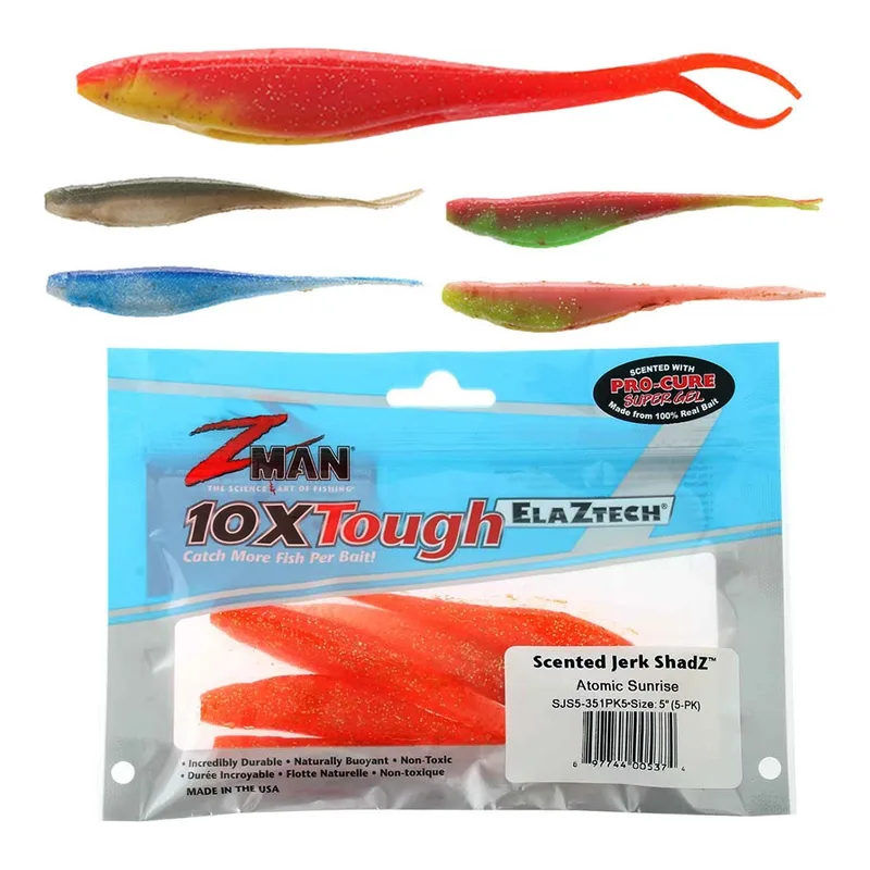 Five Z-Man Jerk ShadZ soft baits in assorted colours above a 10X Tough pack