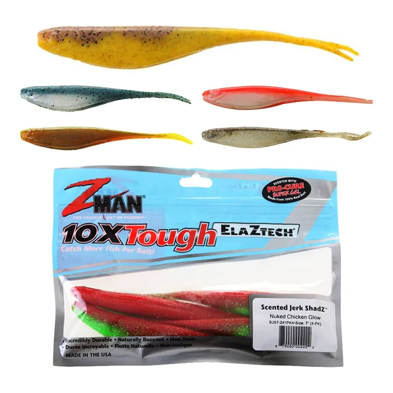 Four 7-inch Z-Man Jerk ShadZ soft baits in red, gold and blue above a pack