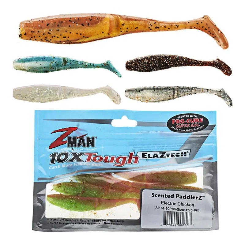 Z-Man PaddlerZ 4-inch paddle tails in brown, blue and green above a pack