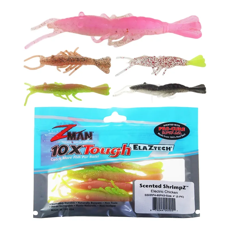 Z-Man Scented ShrimpZ prawn-shaped soft baits in pink and brown above a pack