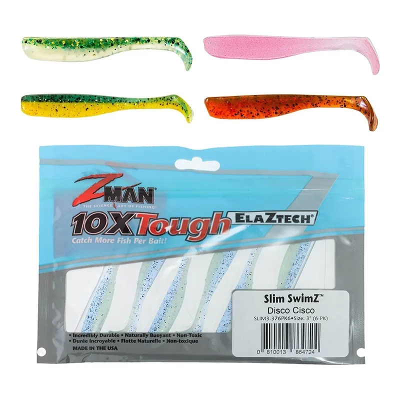 Z-Man Slim SwimZ small paddle tail soft baits in pink, green and white above a pack